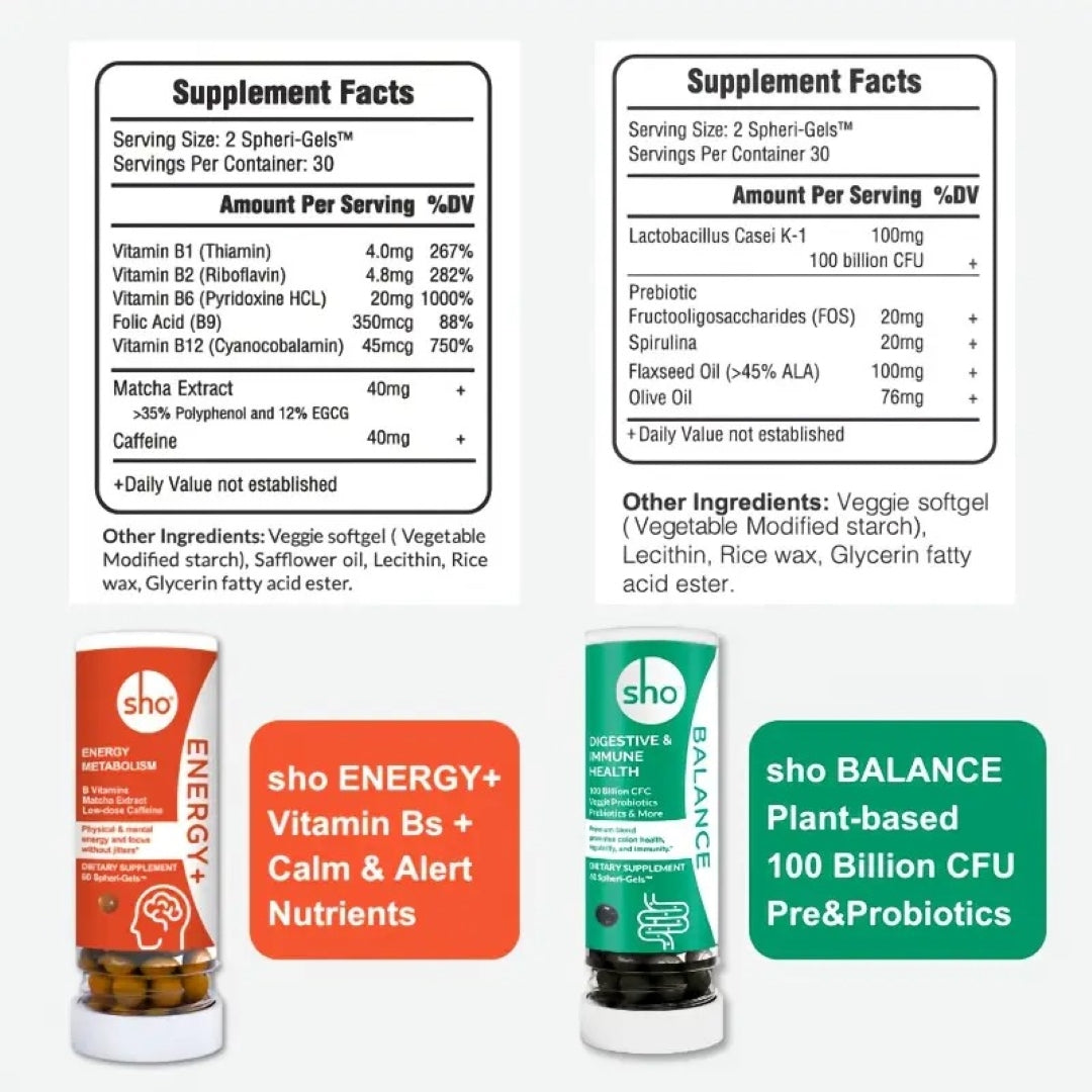 Sho ENERGY+ Vegan Vitamin B Nootropics & BALANCE 5-in-1 Probiotics | Enhanced Focus, Metabolism, Gut Health, Detox & Radiant Skin | Made in Japan - sho Nutrition LLC