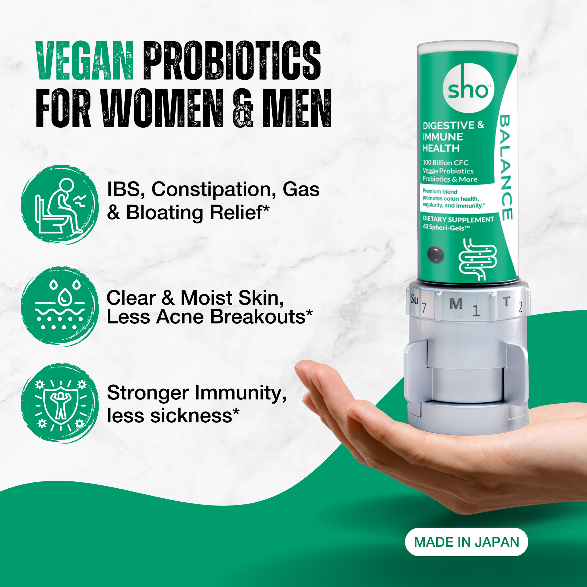 Sho Balance Probiotic 100 Billion CFU – Vegan Digestive & Immune Support with Prebiotics | Dairy-Free, Gluten-Free, Natural Health Supplement - sho Nutrition LLC