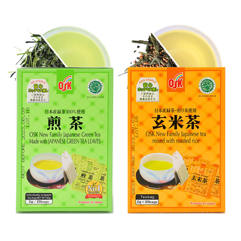 OSK Sencha Green Tea & OSK Genmaicha Roasted Rice Tea – Authentic Japanese Teabags, 40ct, Fresh & Nutty Flavor, Zero Calories, Sugar-Free, Hot or Cold Brew - Combo Pack - sho Nutrition LLC